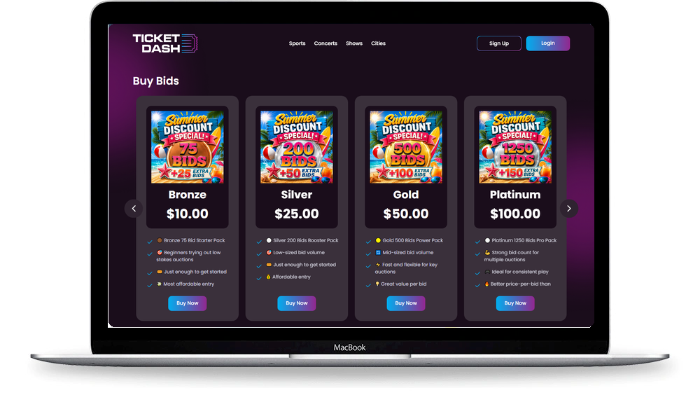 Ticket Dash buy bids packages on desktop