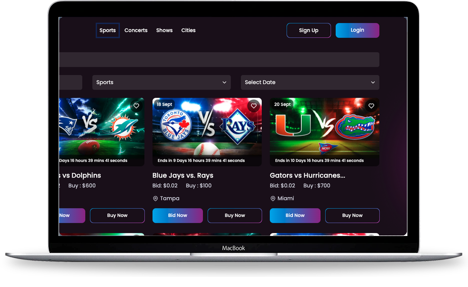 Ticket Dash event bidding cards on desktop