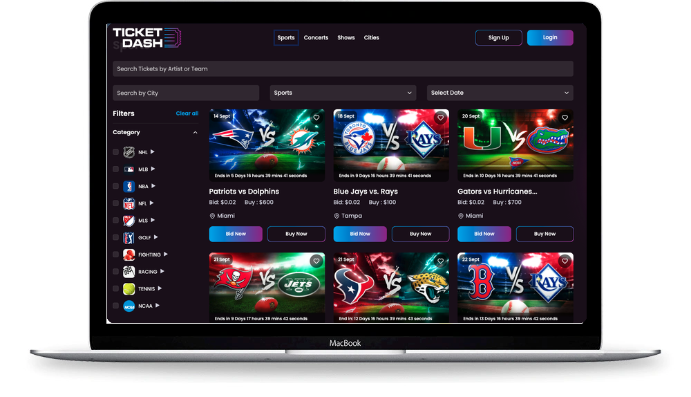 Ticket Dash live sports ticket auction listing