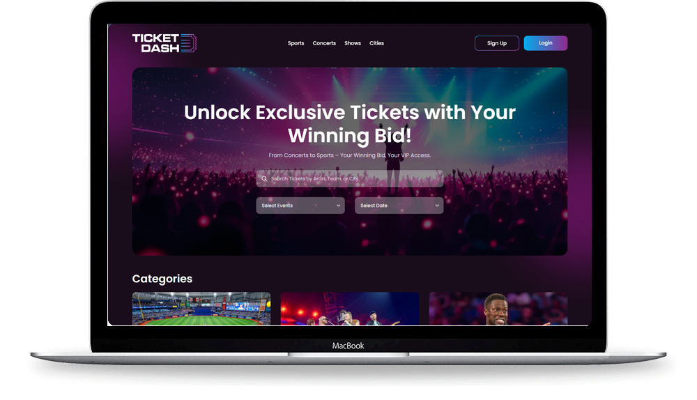 Ticket Dash website homepage on desktop