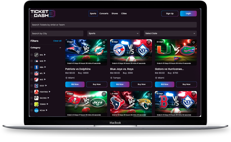 Ticket Dash live auction listing screen
