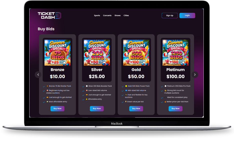 Ticket Dash buy bids website screen
