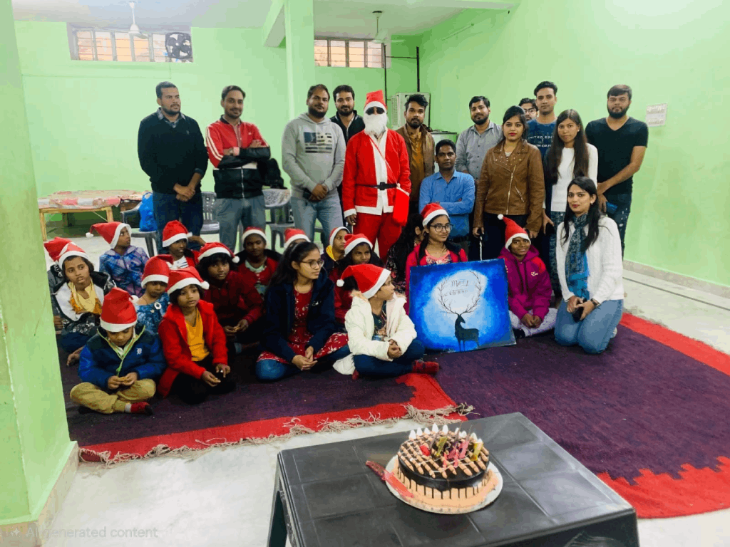 Team and children celebrating Christmas with Santa Claus and a cake at the orphanage