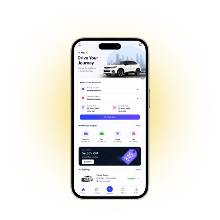 Car rental app customer features on mobile screens
