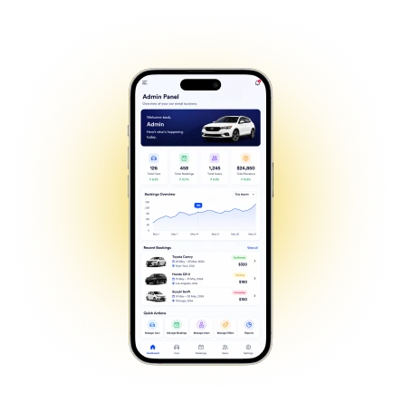 Car rental app admin fleet management features on mobile screens