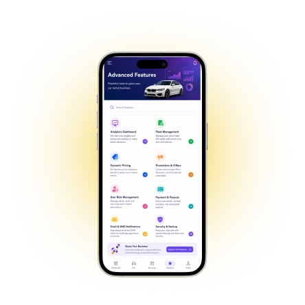 Car rental app driver and owner features on mobile screens
