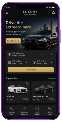 Luxury car rental app mobile interface