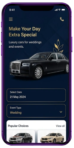 Wedding and event car rental app mobile interface