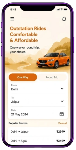Outstation car rental app mobile interface