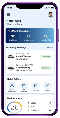 Corporate car rental app mobile interface