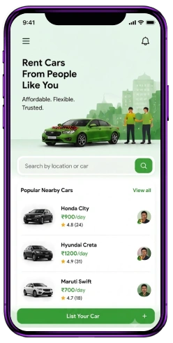 Peer-to-peer car rental app mobile interface
