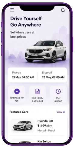 Self-drive car rental app mobile interface