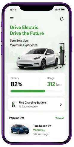 Electric vehicle rental app mobile interface