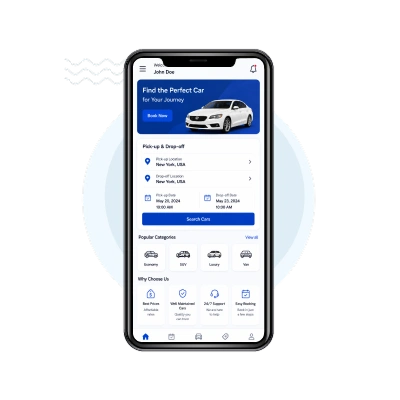 Traditional car rental company app dashboard and booking interface