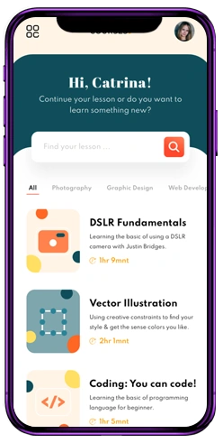 Smartphone mockup showing professional courses tutor app interface