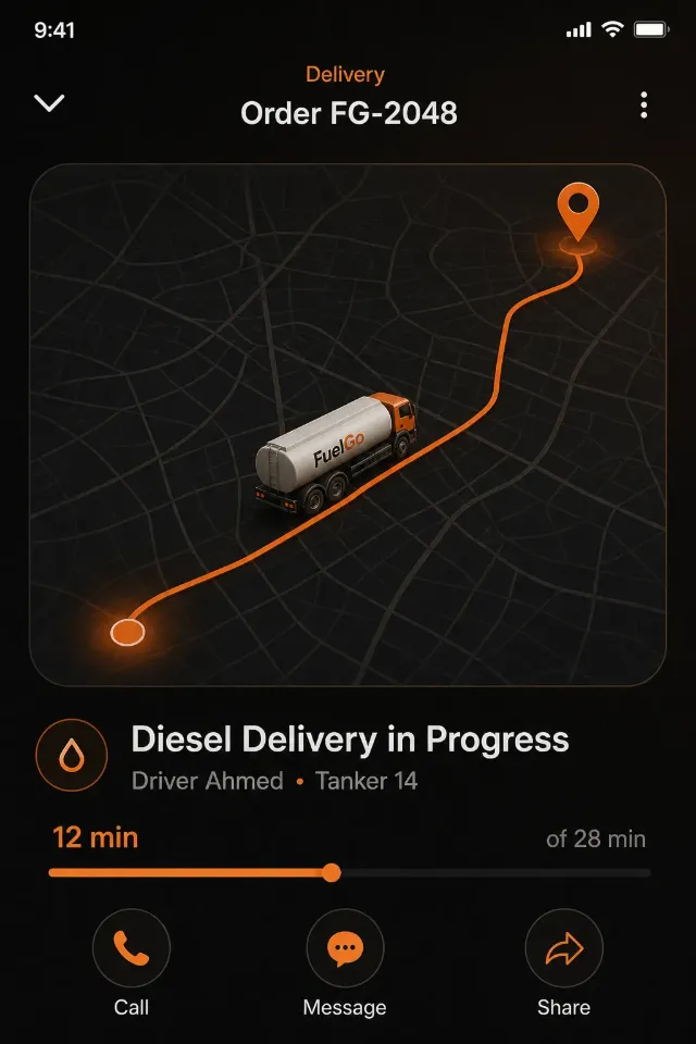 Fuel delivery driver app showing a live delivery route on a map