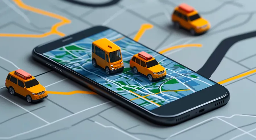 Delivery vehicles following optimized routes on a smartphone map