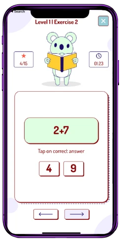 Smartphone mockup showing math and logic kids learning app screens